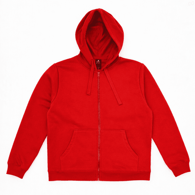 A red zip-up hooded sweatshirt with a front pocket and a hood. The hoodie features a logo on the inner tag.