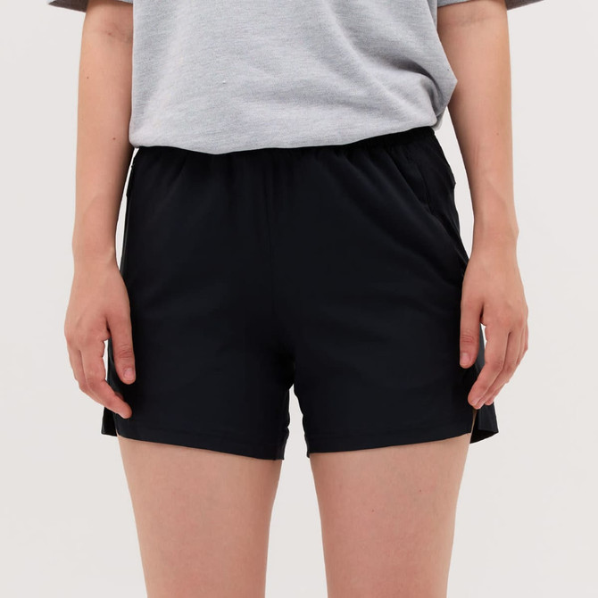 Black running shorts with an elastic waistband, featuring side pockets and a comfortable fit.