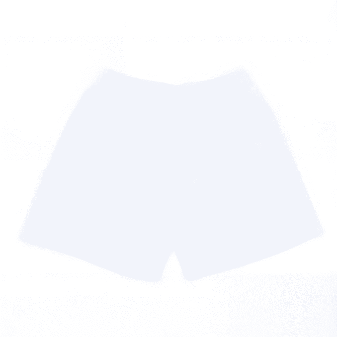 A pair of white shorts with an elastic waistband and a logo on the front.