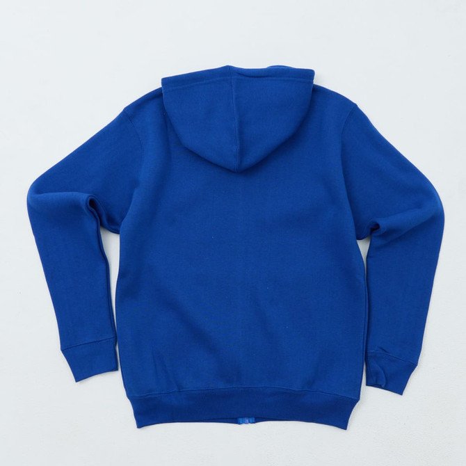 A blue hooded sweatshirt with a spacious hood and long sleeves, featuring a logo on the back.