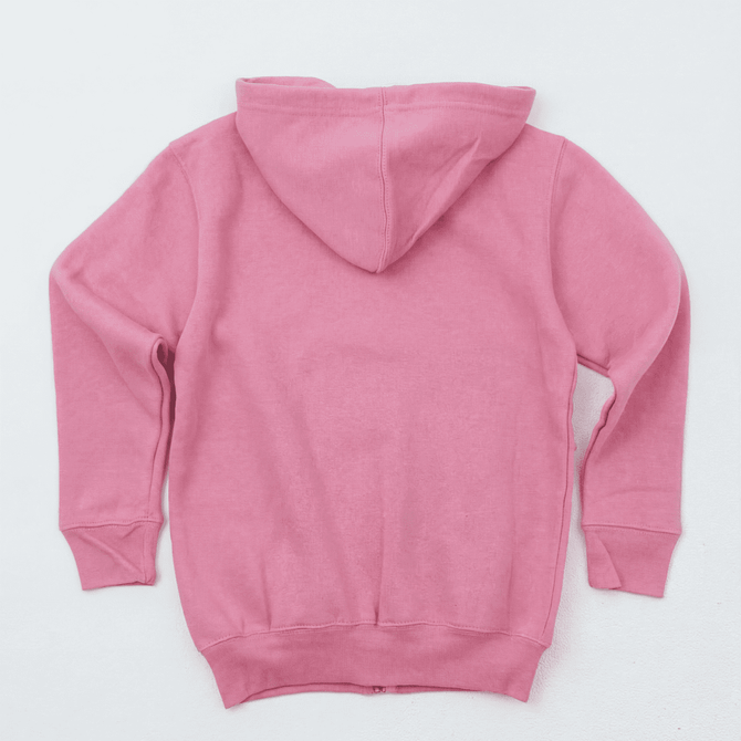 A pink zip hoodie featuring a hood and ribbed cuffs. It has a logo on the back.