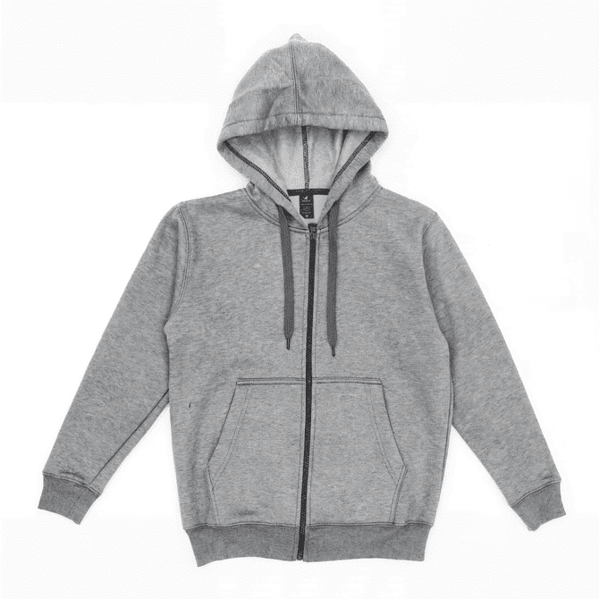 A grey zippered hooded sweatshirt with a front pocket and drawstrings on the hood, featuring a logo.