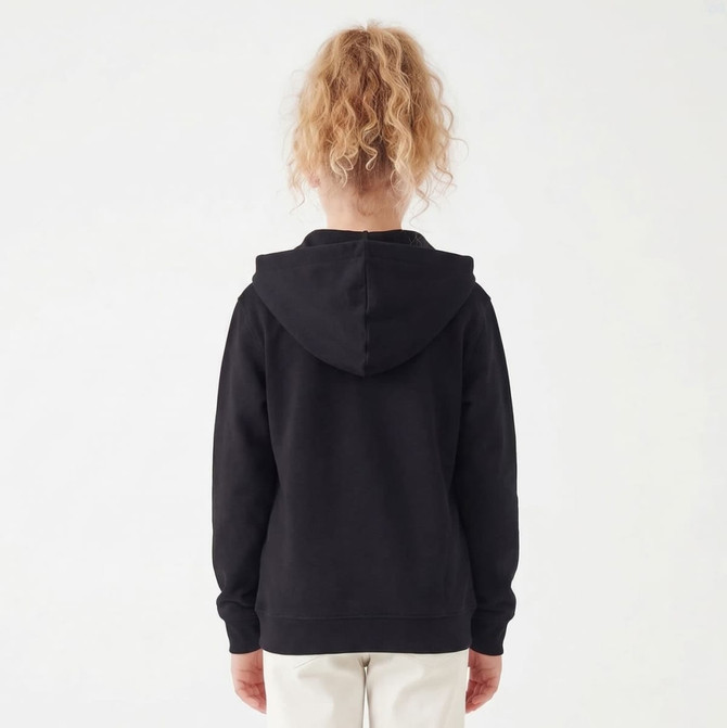 A black zip hoodie featuring a hood, shown from the back with a plain background.