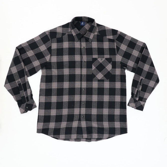 A flannel long sleeve shirt in black and grey check pattern, featuring a front pocket and button-down collar.