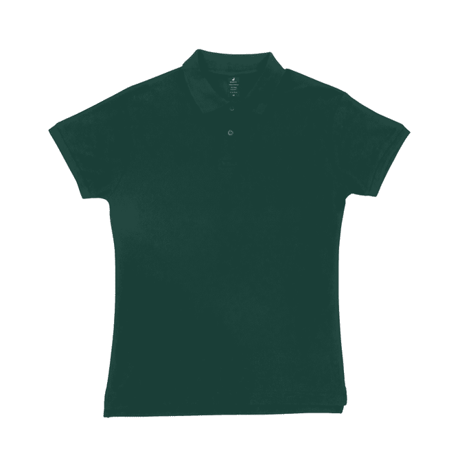 A dark green women's polo shirt with a collar, featuring short sleeves and a button placket, and a logo.