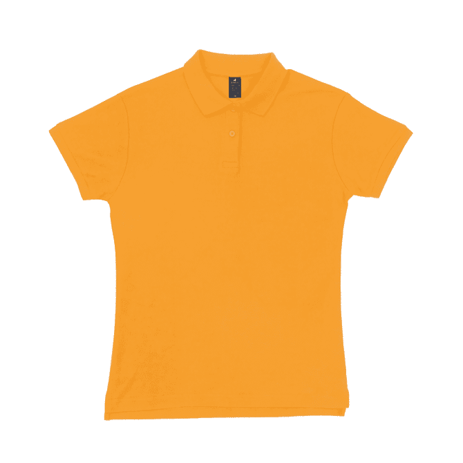 A women's polo shirt in bright orange with a classic collar and short sleeves. It features a logo on the chest area.