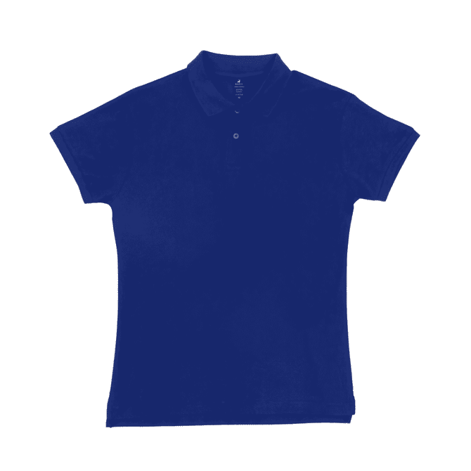 A navy blue women's polo shirt with a collar and short sleeves, featuring a button at the neck and a logo.