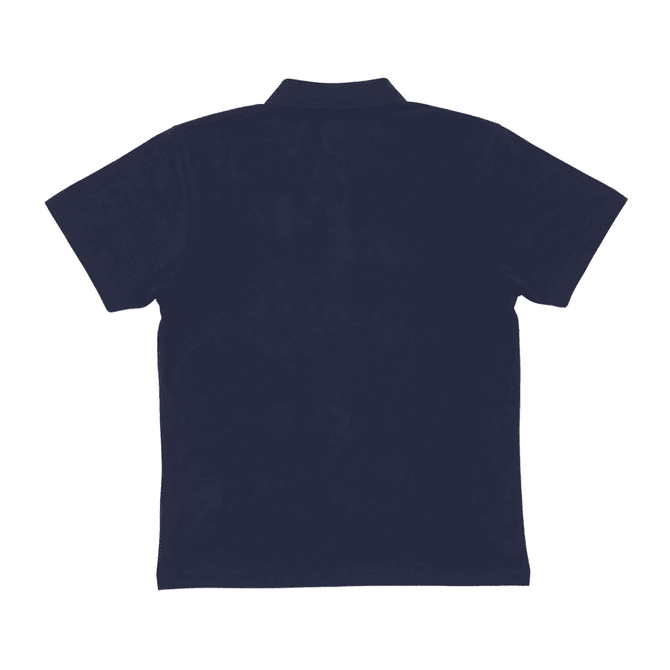 A dark navy women's polo shirt with a classic collar and short sleeves, featuring a branding logo.