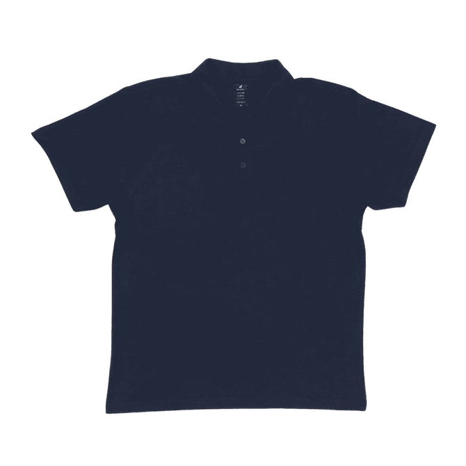 A navy women's polo shirt with a collared neck and three buttons, featuring a logo on the chest.