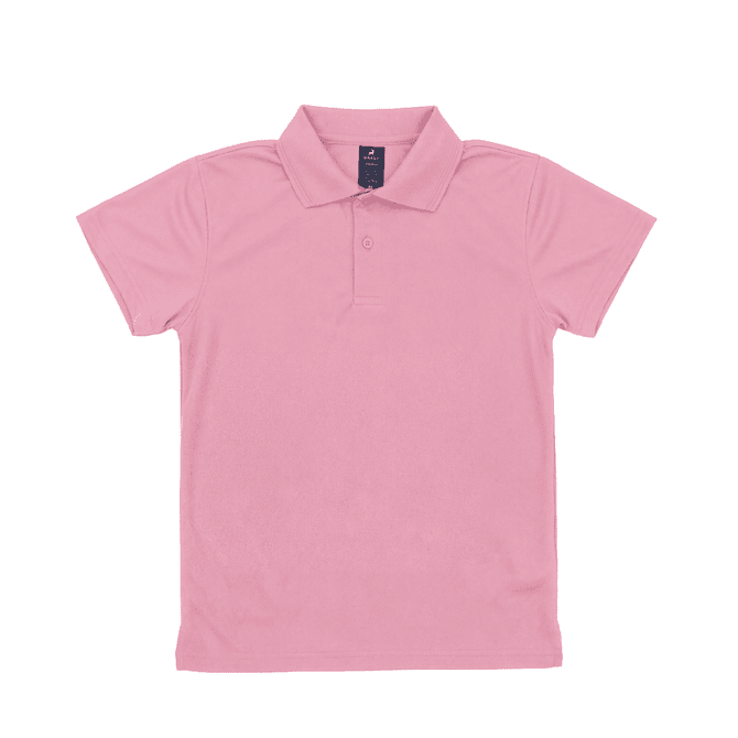 A pink youth polo shirt with a collar and buttons, featuring a logo on the label.