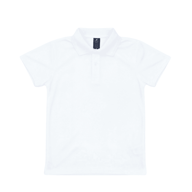 A white polo shirt featuring a collar and short sleeves, with a logo on the label.