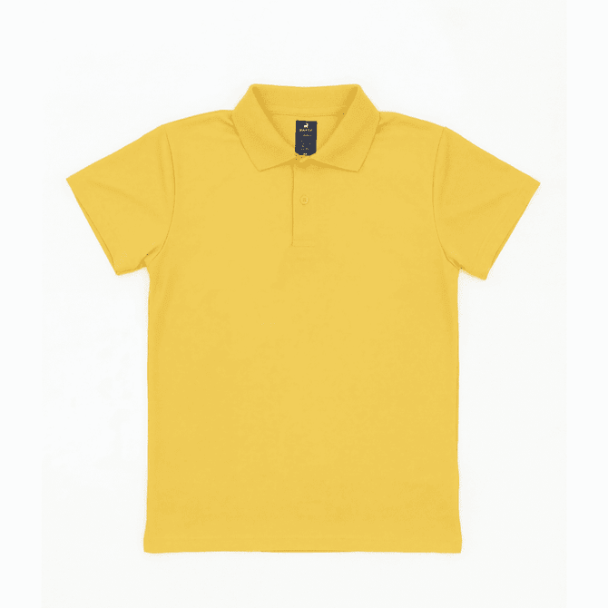 A yellow polo shirt with a collar, featuring a tag and a logo on the label.