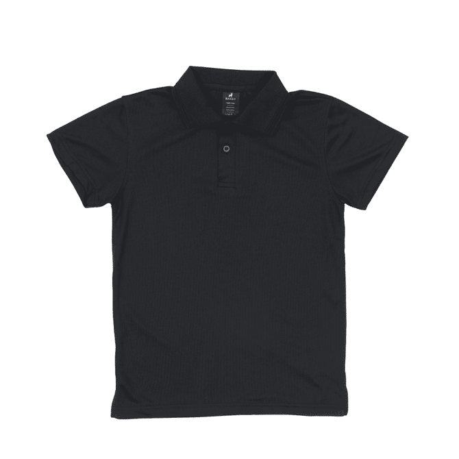 A black youth polo shirt with a collar and a placket. It features a logo on the fabric.