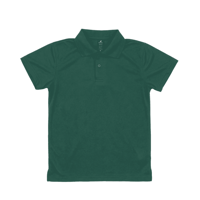 A dark green polo shirt with a collar and short sleeves. The shirt features a logo.