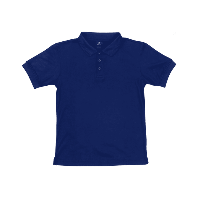 A navy blue youth polo shirt featuring a classic collar and three buttons, with a logo on the label.