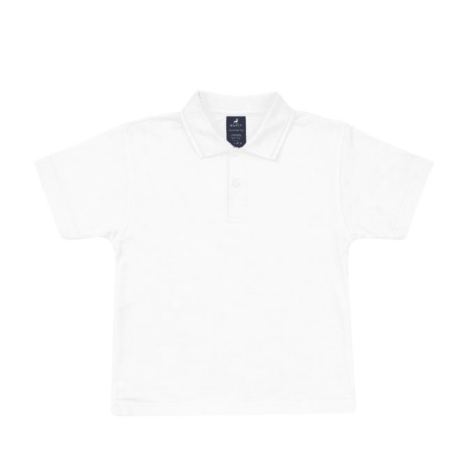 A white youth polo shirt with a collar and a logo on the label.
