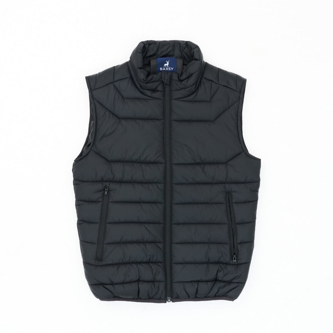 A black youth puffer vest featuring a zip front and side pockets, with a logo at the collar.