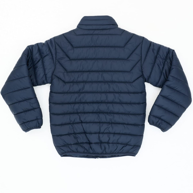 A navy puffer jacket with a quilted design and elastic cuffs, featuring a high collar and a logo on the back.