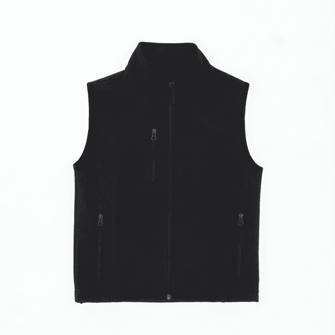 A black softshell vest with a zip front and zippered pockets, featuring a logo on one side.