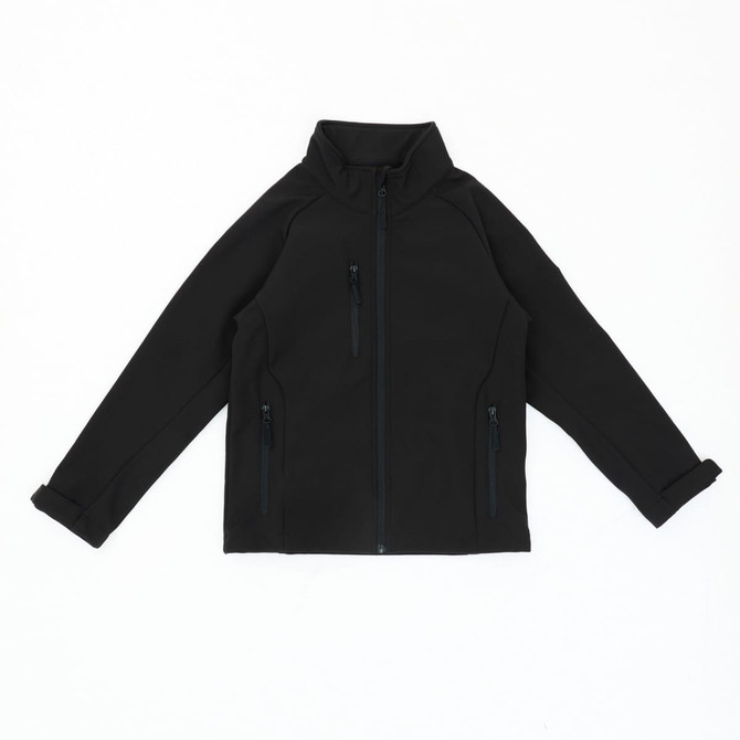 A black softshell jacket featuring a zip front and two zippered pockets, with a high collar and no visible branding.