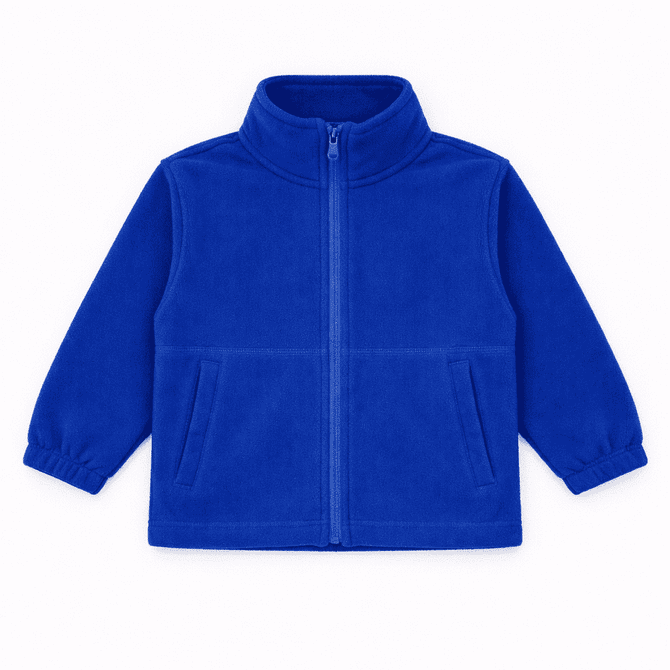 A blue polar fleece full zip jacket featuring a high collar and side pockets, with elasticated cuffs. It has a logo.