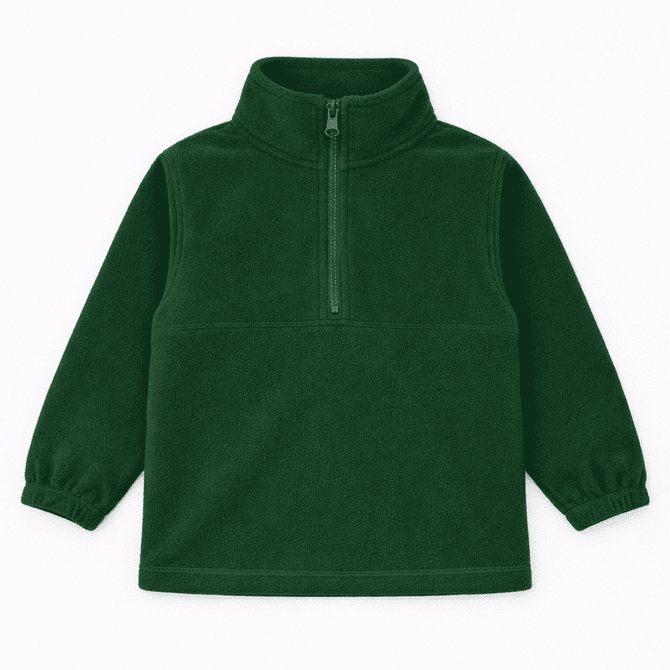 A green Youth Everest Polar Fleece 1/4 zip top with elasticated sleeves and a high collar. It has a brand logo.