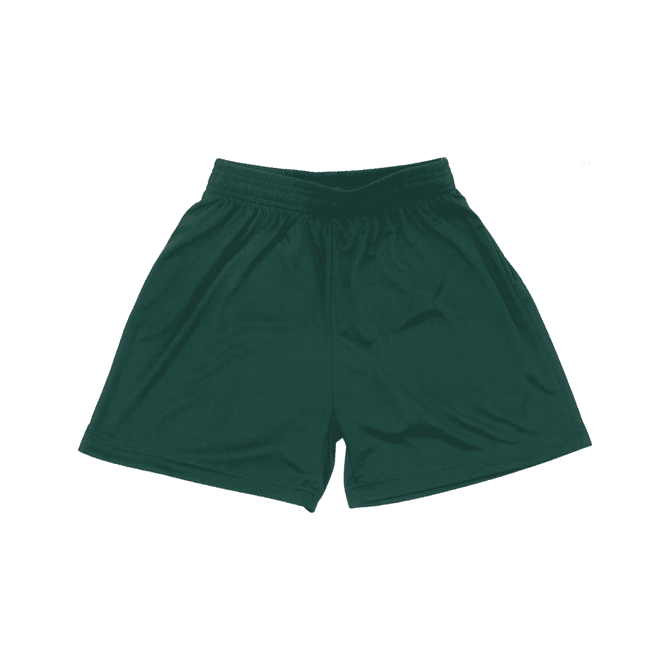 Green youth shorts with an elastic waistband and a smooth fabric finish. Features logo branding.