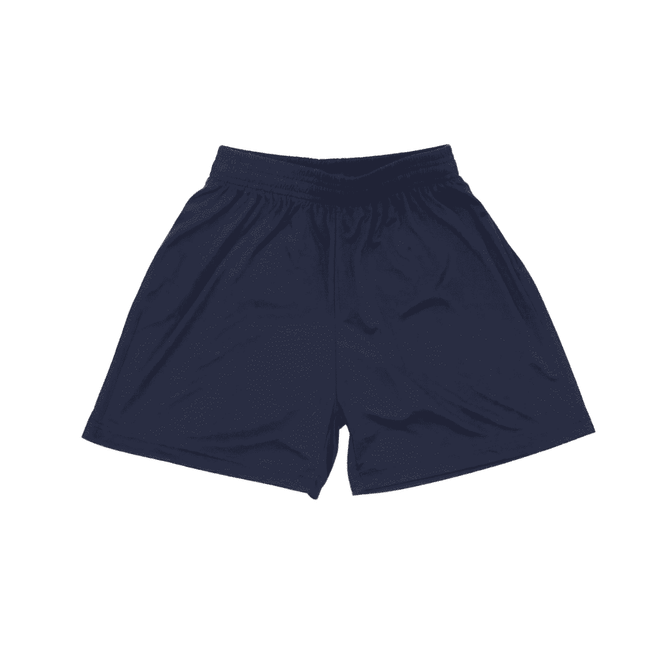 Youth Core Shorts in navy blue, featuring an elastic waistband and a logo on the side.