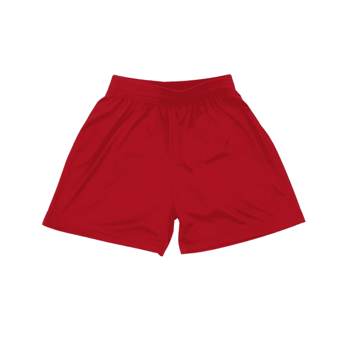 Red youth shorts featuring an elastic waistband and a simple design. The shorts have a logo on one side.