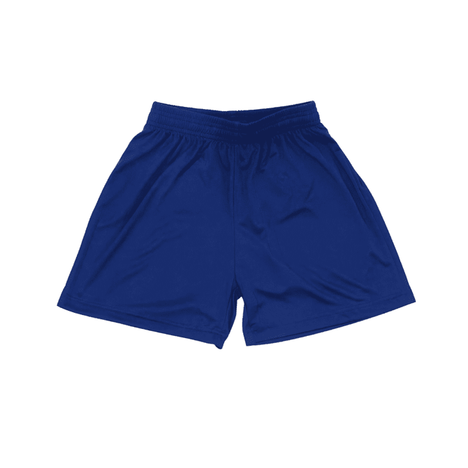 A pair of navy blue youth shorts with an elastic waistband and no visible logos.
