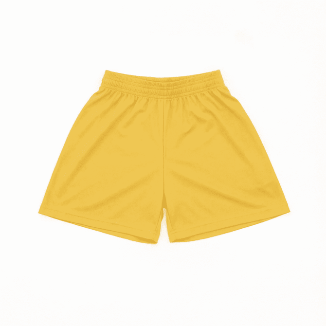 A pair of yellow youth core shorts with an elastic waistband and a plain design. Features a logo.