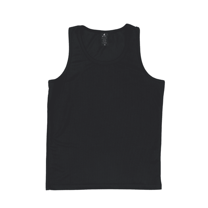A black youth singlet with a fitted design, featuring a logo on the fabric.