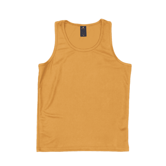 A yellow youth singlet with a crew neckline and a label at the top. It has a plain design with no patterns.