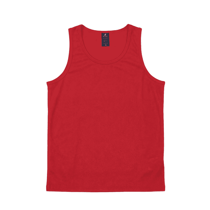 A red youth singlet with a crew neck and sleeveless design. It has a logo on the label.
