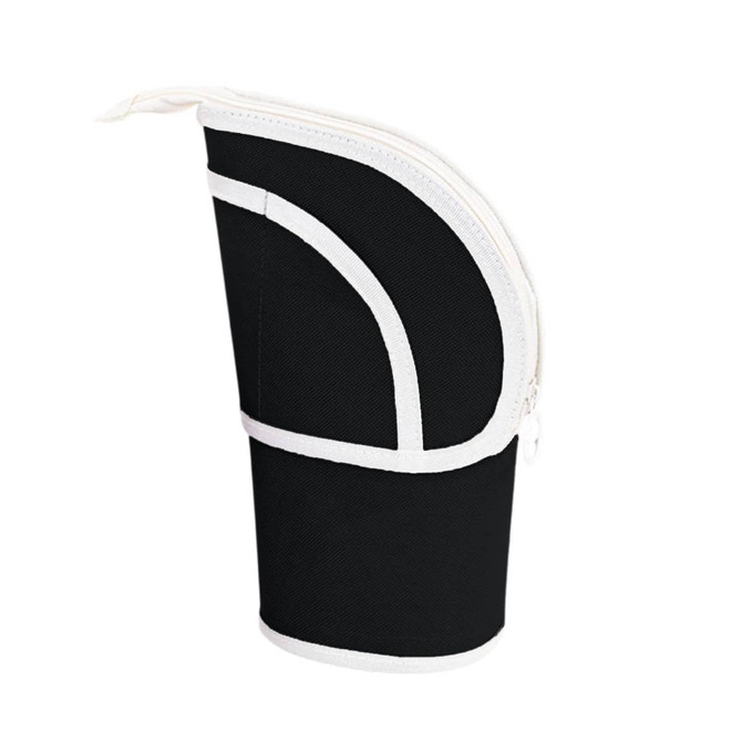 A black expandable pencil case with white accents and a zip closure, featuring a sleek curved design.
