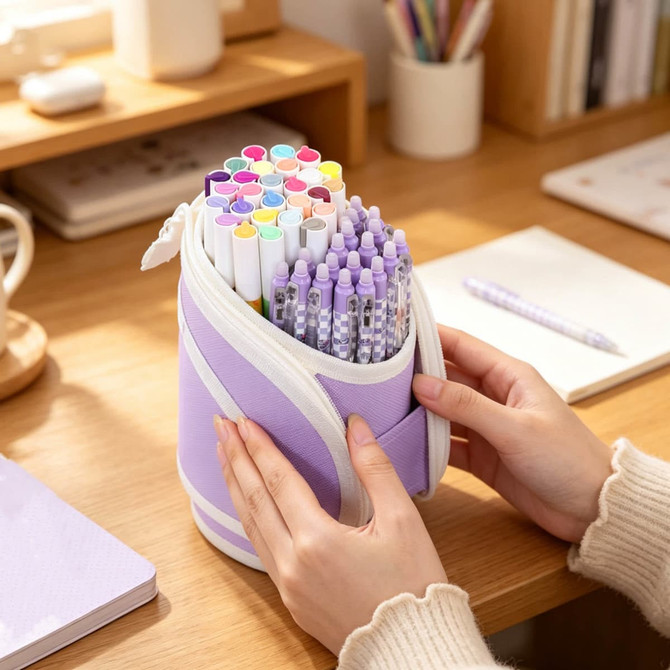 An expandable pencil case in lavender with various colourful pens and markers inside, held on a desk.