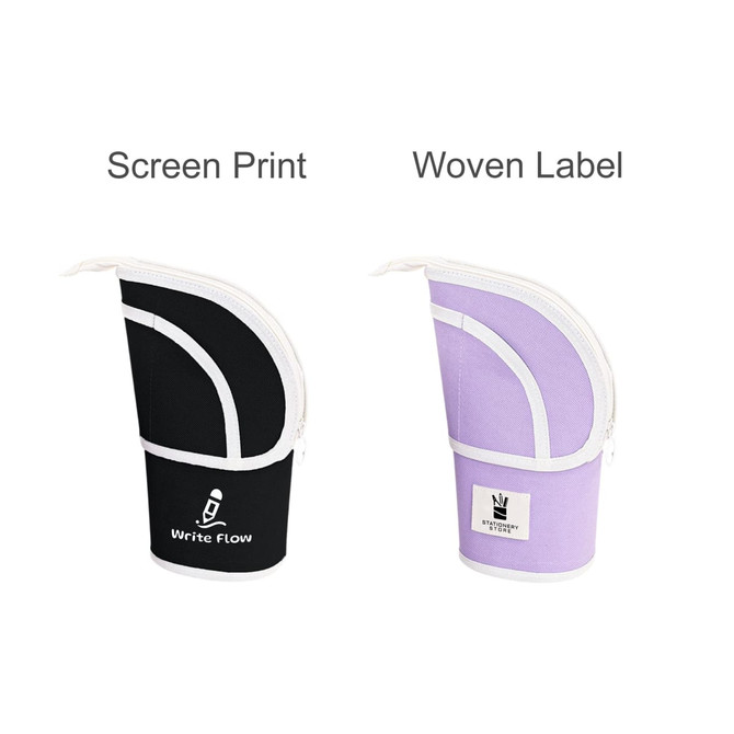 A pencil case featuring a sleek black and a pastel purple design, both with zippers and branding.