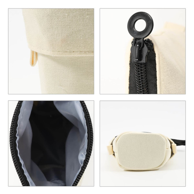 A cream canvas expandable pencil case featuring a zip closure and an attached loop for easy carrying.