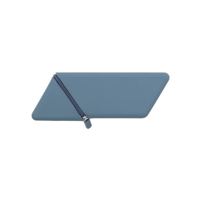 A blue silicone pen holder with a zippered closure, featuring a modern, angular design and a logo.