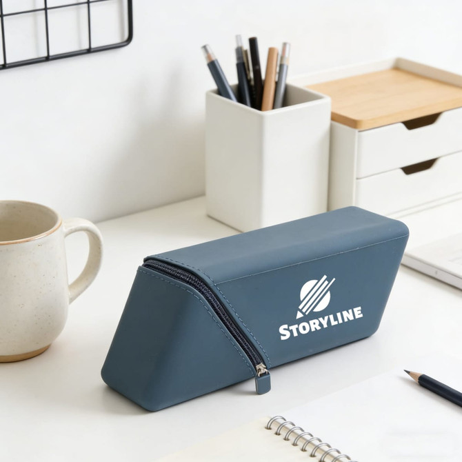 A blue silicone pen holder with a zip, displaying a logo, placed on a desk with stationery and a mug.