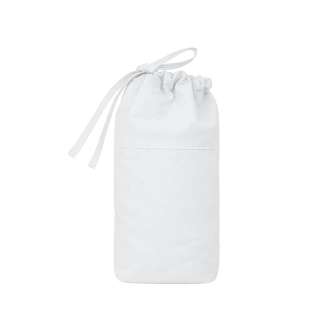 A white foldable drawstring pencil case with a rounded top and a logo on one side.