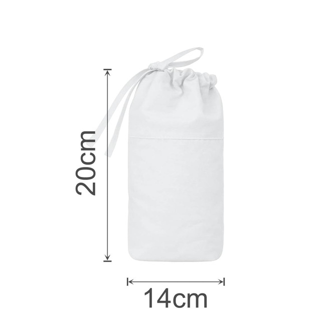 A foldable drawstring pencil case in white, featuring a cinch closure and measuring 20cm by 14cm.