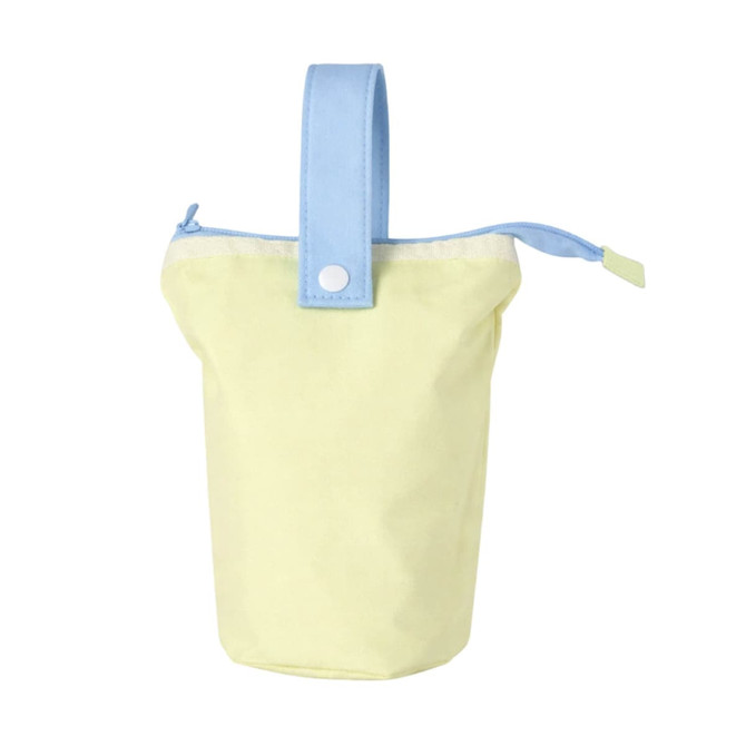 A foldable pencil case in pale yellow with a blue handle, featuring a zip closure and a button tab.