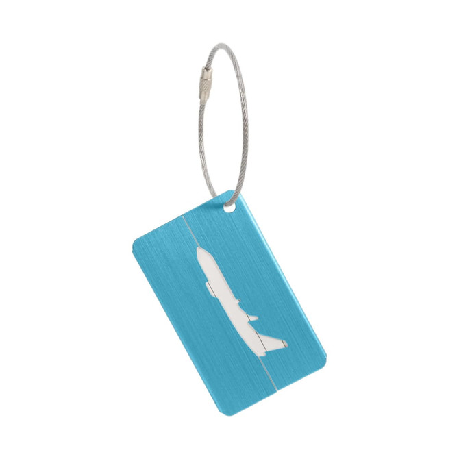 A brushed aluminium luggage tag in blue, featuring a wire attachment for securing to bags.