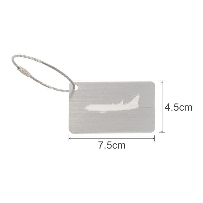 A brushed aluminium luggage tag in silver with a plane silhouette cut-out. Features a metal attachment cable.