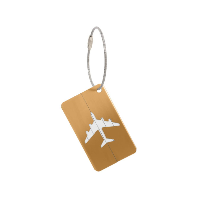 A gold luggage tag with a white airplane design and a metal wire attachment. Includes branding on the tag.