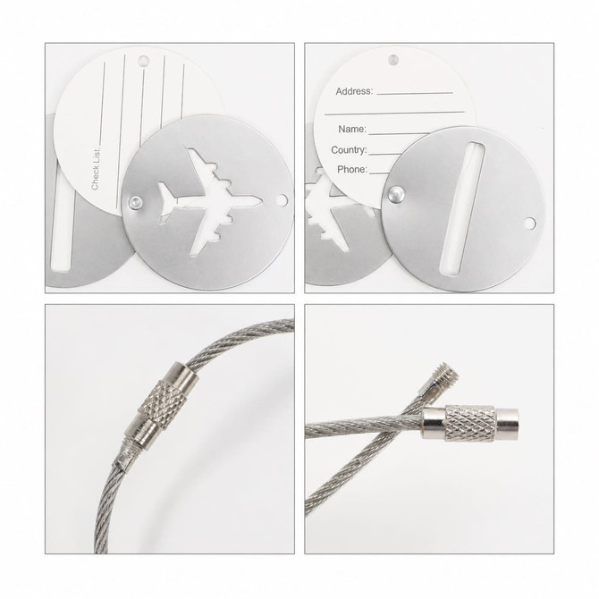 A silver wire cable luggage tag set featuring round tags with a plane design and address label space.