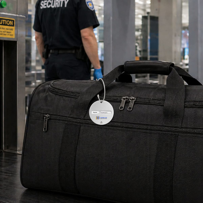 A black luggage bag with a round wire cable luggage tag, placed on a table near security personnel.