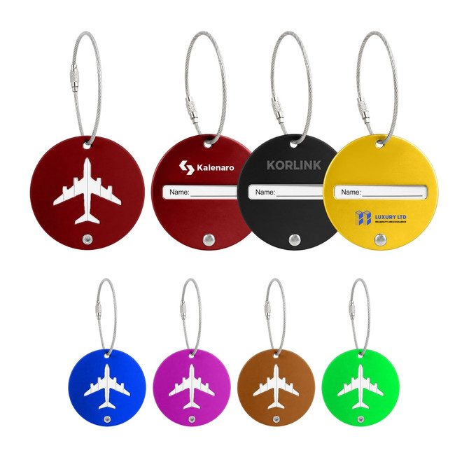 A set of round wire cable luggage tags in red, black, yellow, blue, purple, and green, featuring an airplane design and a name label.