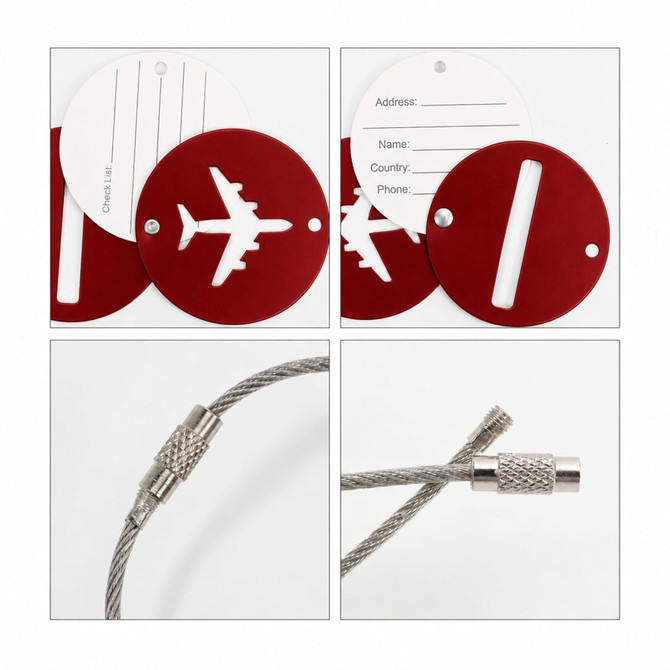 A red luggage tag with a plane cutout, featuring a cable attachment and a blank information area.
